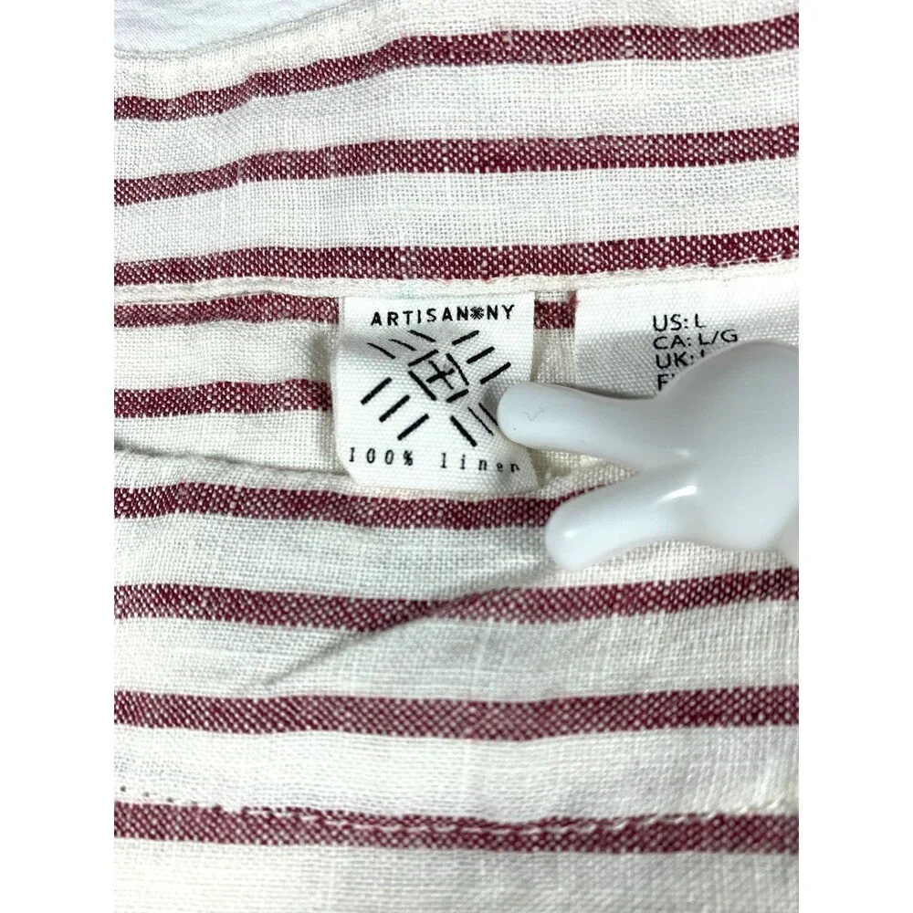 Artisan NY 100% Linen Top Womens L Burgundy White Striped Long Sleeve Boat Neck - Picture 2 of 9